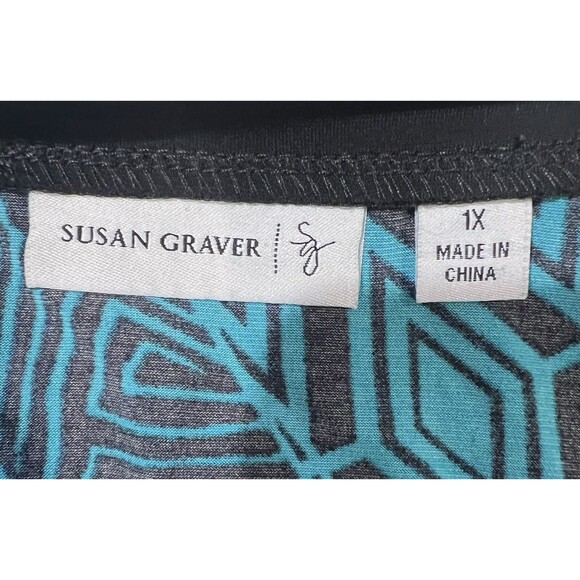 Susan Graver Printed Long Sleeve Tunic Blouse Tie Waist Size 1X Black Turquoise - Picture 5 of 6